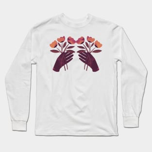 Brown hand with brown orange and pink flowers Long Sleeve T-Shirt